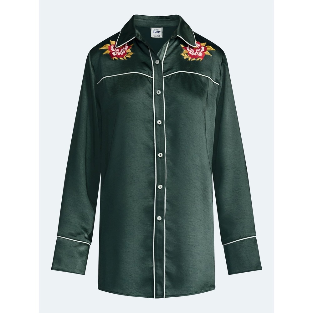 Lee Kacey Lee Sleep Shirt Womens XS Duck Green New Satin Embroidered Floral